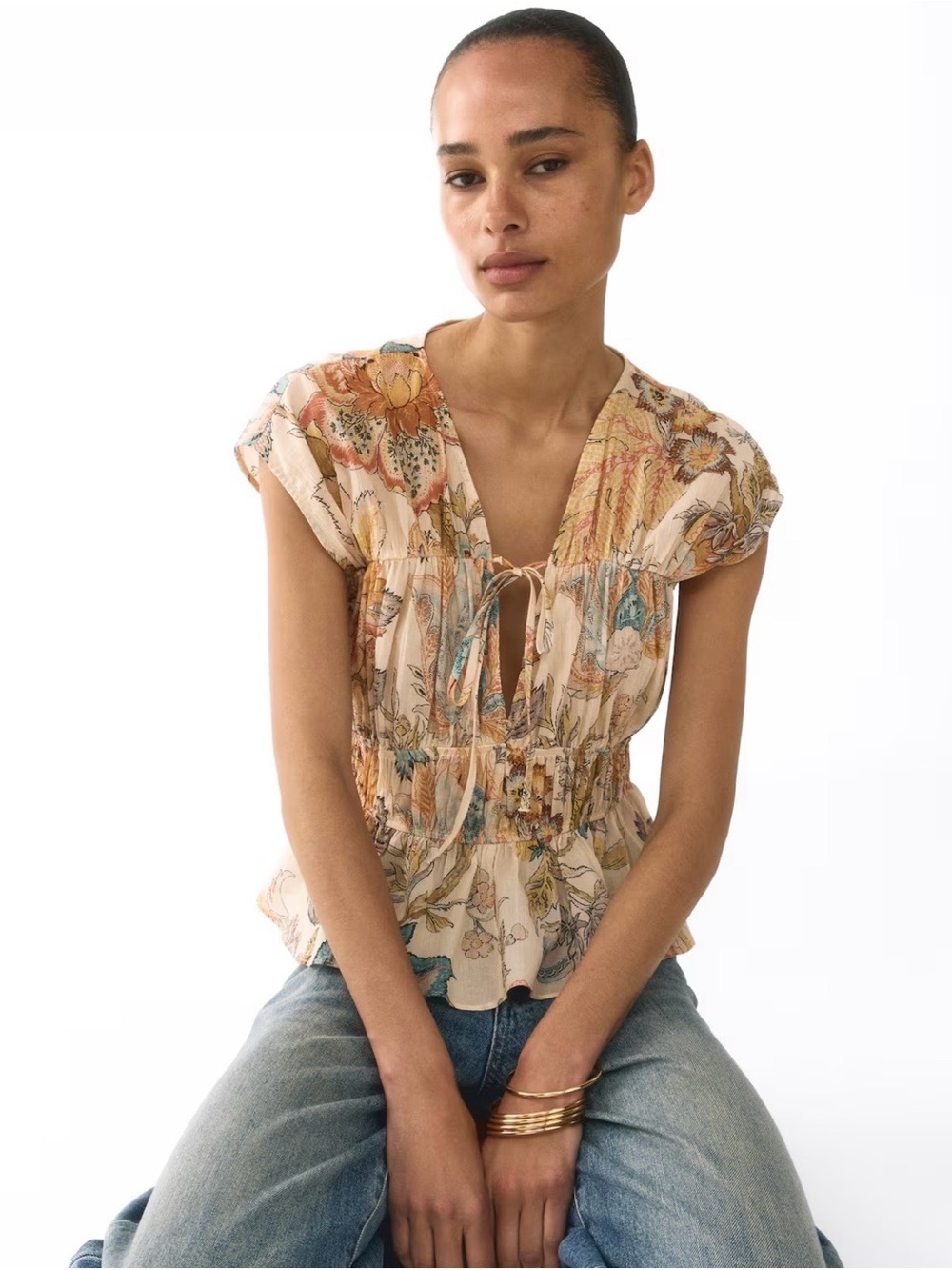 NWT H&M Ruched Cotton Blouse, Floral Light Beige, Size XXL